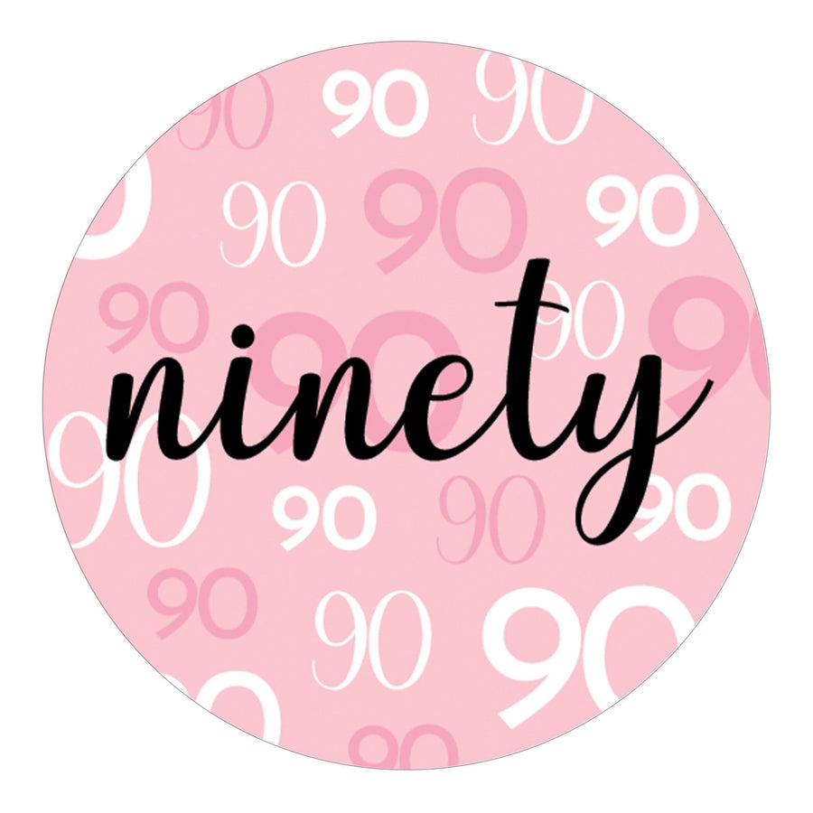 90th Birthday: Pink and Black - Adult Birthday -  Round Favor Stickers - 40 Stickers - Distinctivs Party