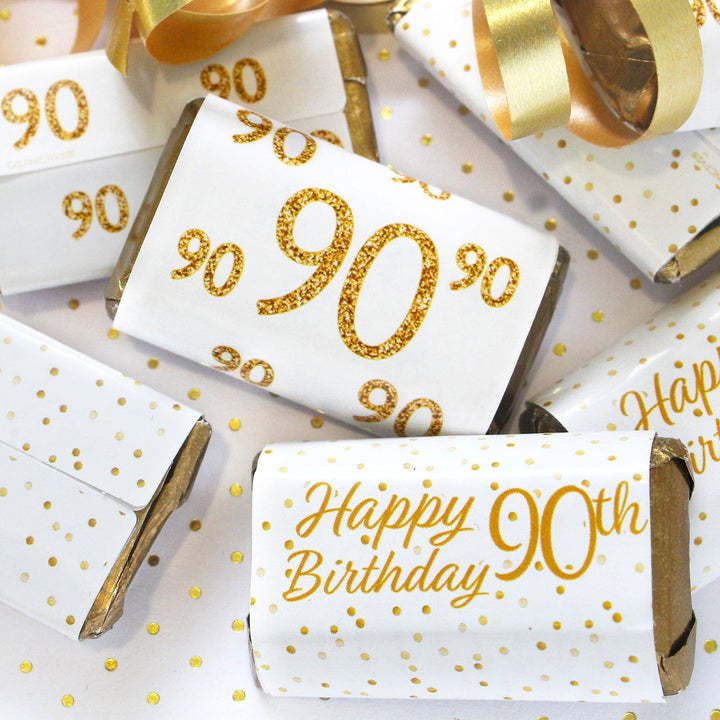 90th Birthday: White and Gold  - Adult Birthday - Hershey's Miniatures Candy Bar Wrappers Stickers - 45 Stickers - Distinctivs Party