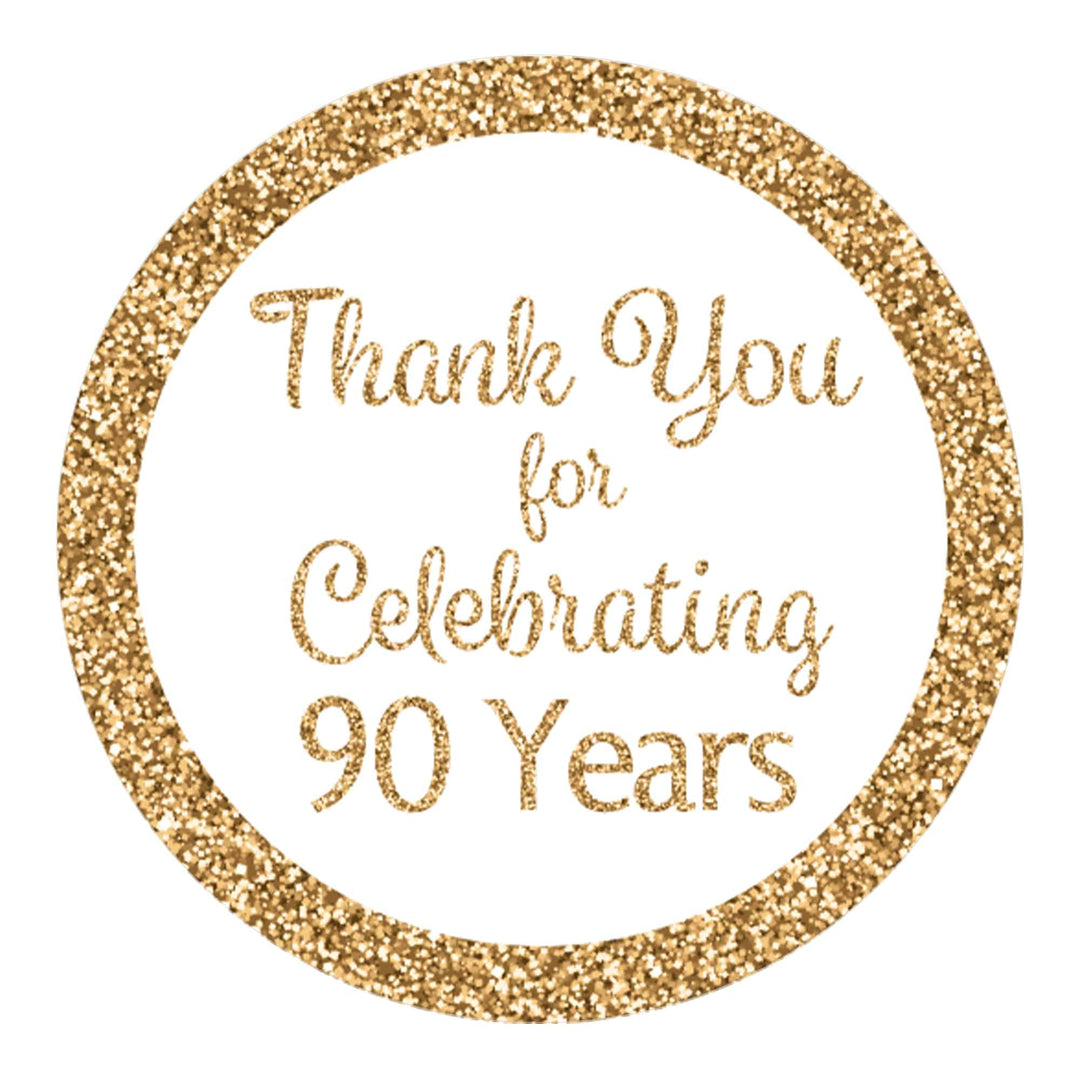 90th Birthday: White and Gold  - Adult Birthday -  Round Favor Stickers - 40 Stickers - Distinctivs Party