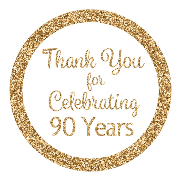 90th Birthday: White and Gold  - Adult Birthday -  Round Favor Stickers - 40 Stickers - Distinctivs Party