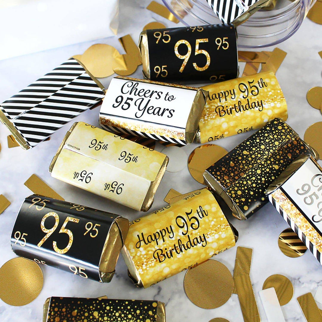 95th Birthday: Black and Gold -  Hershey's Miniatures Candy Bar Wrappers Stickers - 45 Stickers - Distinctivs Party