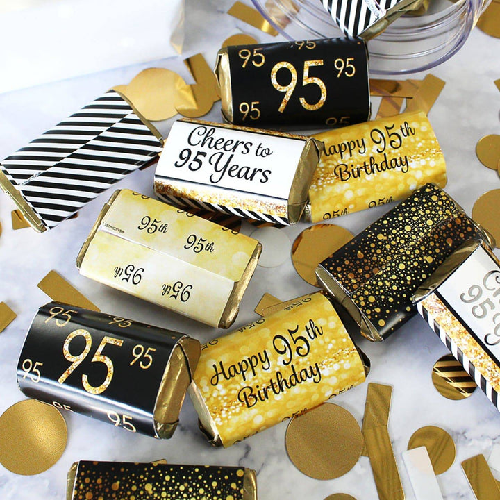 95th Birthday: Black and Gold -  Hershey's Miniatures Candy Bar Wrappers Stickers - 45 Stickers - Distinctivs Party