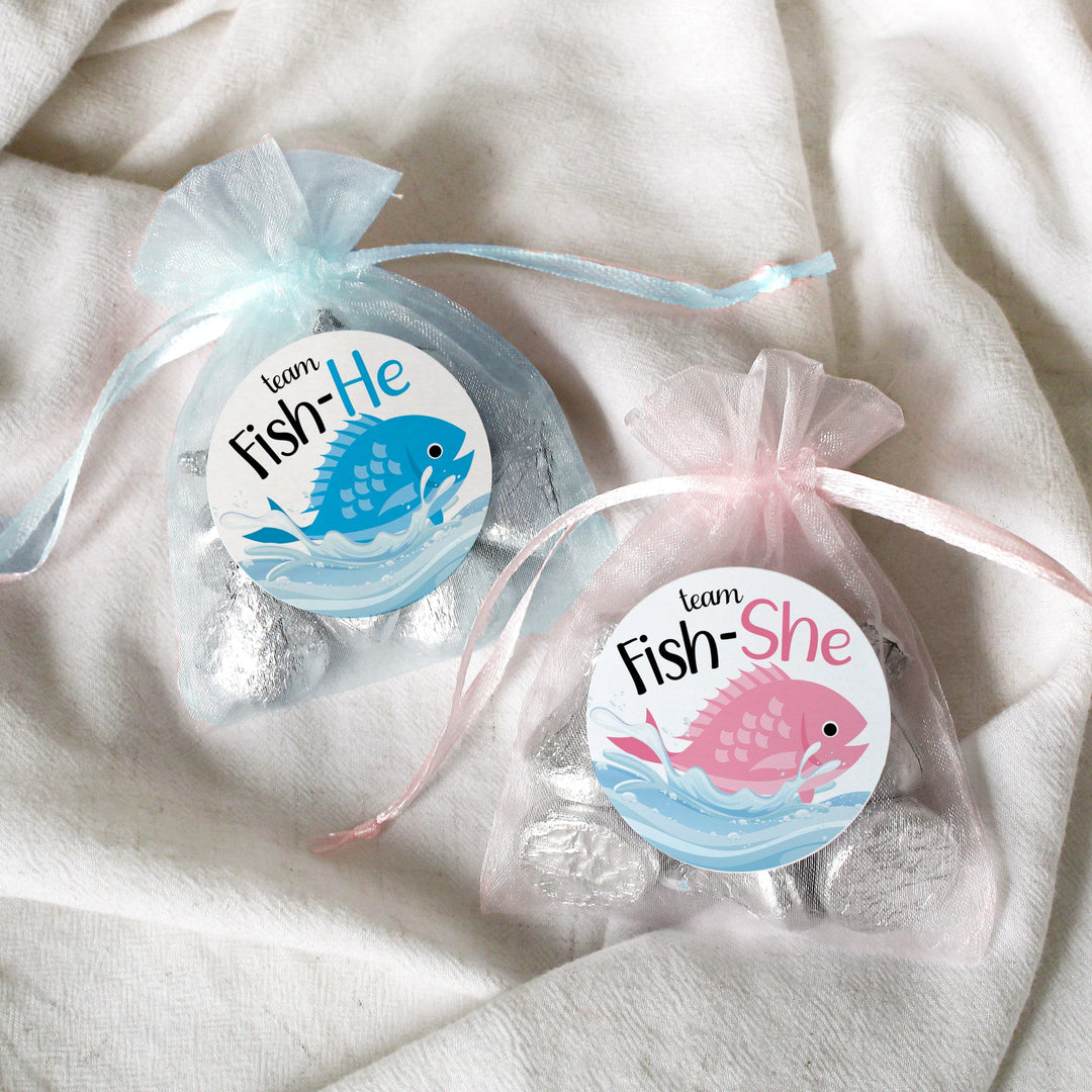 Fishing Baby Gender Reveal Party -Team Fish-He or Fish-She Stickers - 40 Stickers - Distinctivs Party