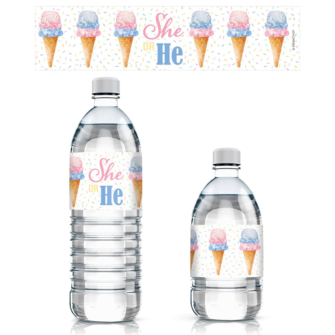 What's the Scoop:  Ice Cream -  Gender Reveal Party - Water Bottle Sticker Labels - 24 Pack - Distinctivs Party
