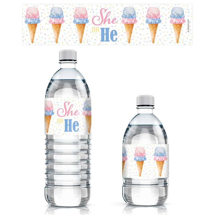 What's the Scoop:  Ice Cream -  Gender Reveal Party - Water Bottle Sticker Labels - 24 Pack - Distinctivs Party