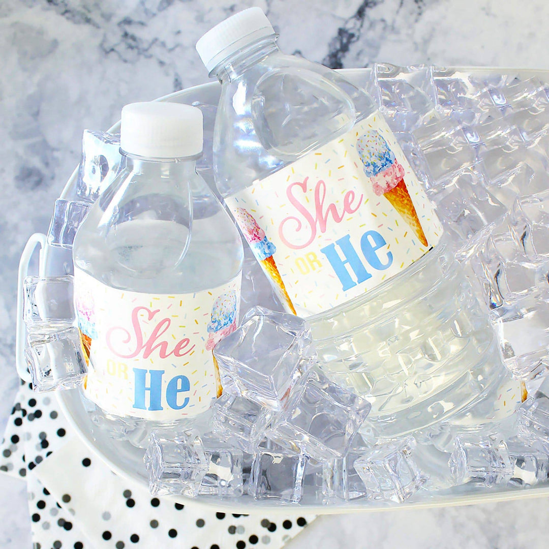 What's the Scoop:  Ice Cream -  Gender Reveal Party - Water Bottle Sticker Labels - 24 Pack - Distinctivs Party