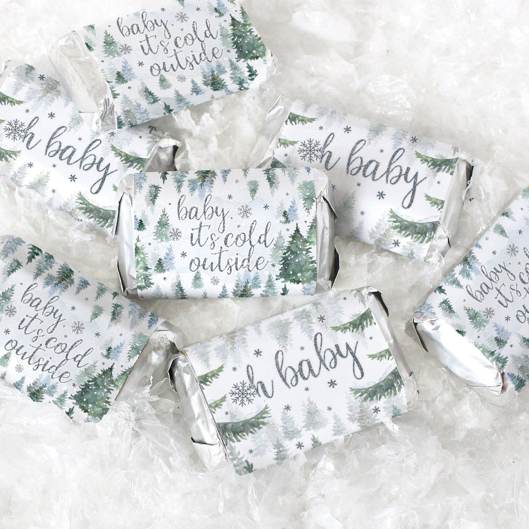 Baby It's Cold Outside Evergreen: Winter Baby Shower - Hershey's Miniatures Candy Bar Wrappers Stickers - 42 Stickers - Distinctivs Party