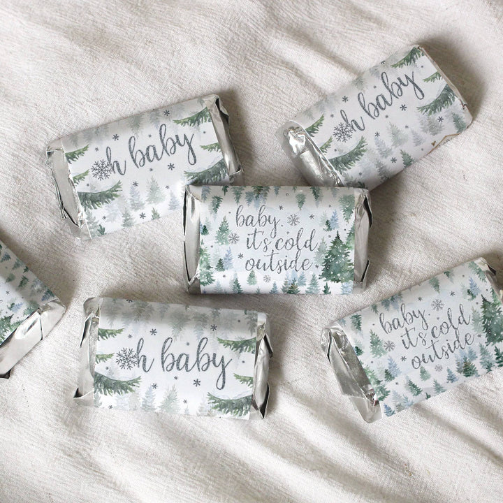 Baby It's Cold Outside Evergreen: Winter Baby Shower - Hershey's Miniatures Candy Bar Wrappers Stickers - 42 Stickers - Distinctivs Party