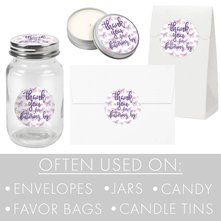 Butterfly: Purple & Pink - Baby Shower  - Thank You for Fluttering By, Spring - 40 Stickers - Distinctivs Party