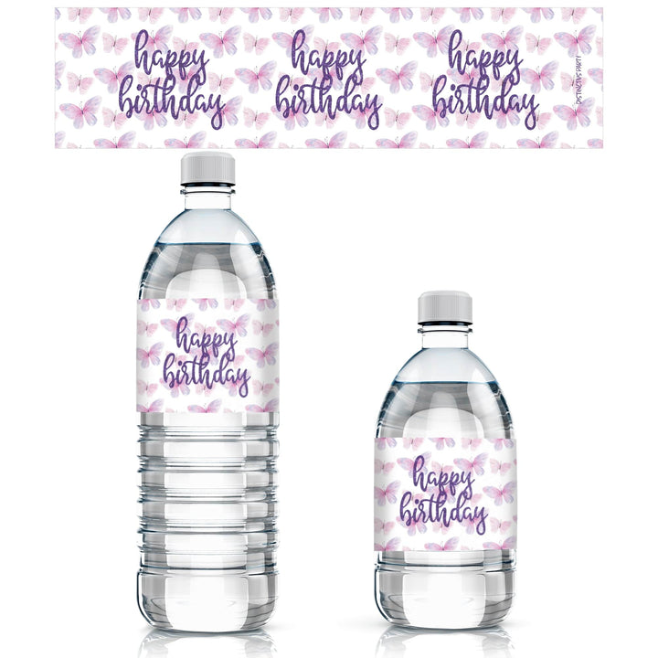 Butterfly Wishes: Purple & Pink - Kid's Birthday  - Party Favor Stickers - Water Bottle Labels, Spring - 24 Waterproof Stickers - Distinctivs Party