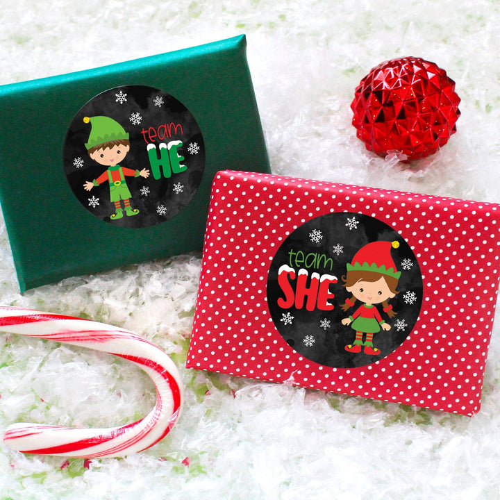 Christmas Gender Reveal: Elf Party - Team He or Team She Stickers - 40 Stickers - Distinctivs Party
