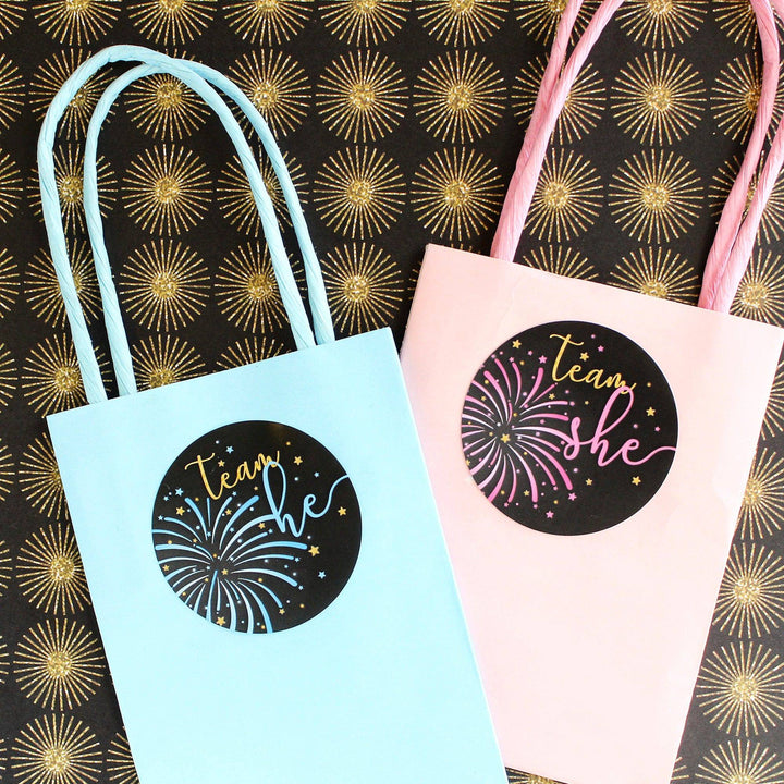 Fireworks Gender Reveal Party -Team He or Team She Stickers - 40 Stickers - Distinctivs Party