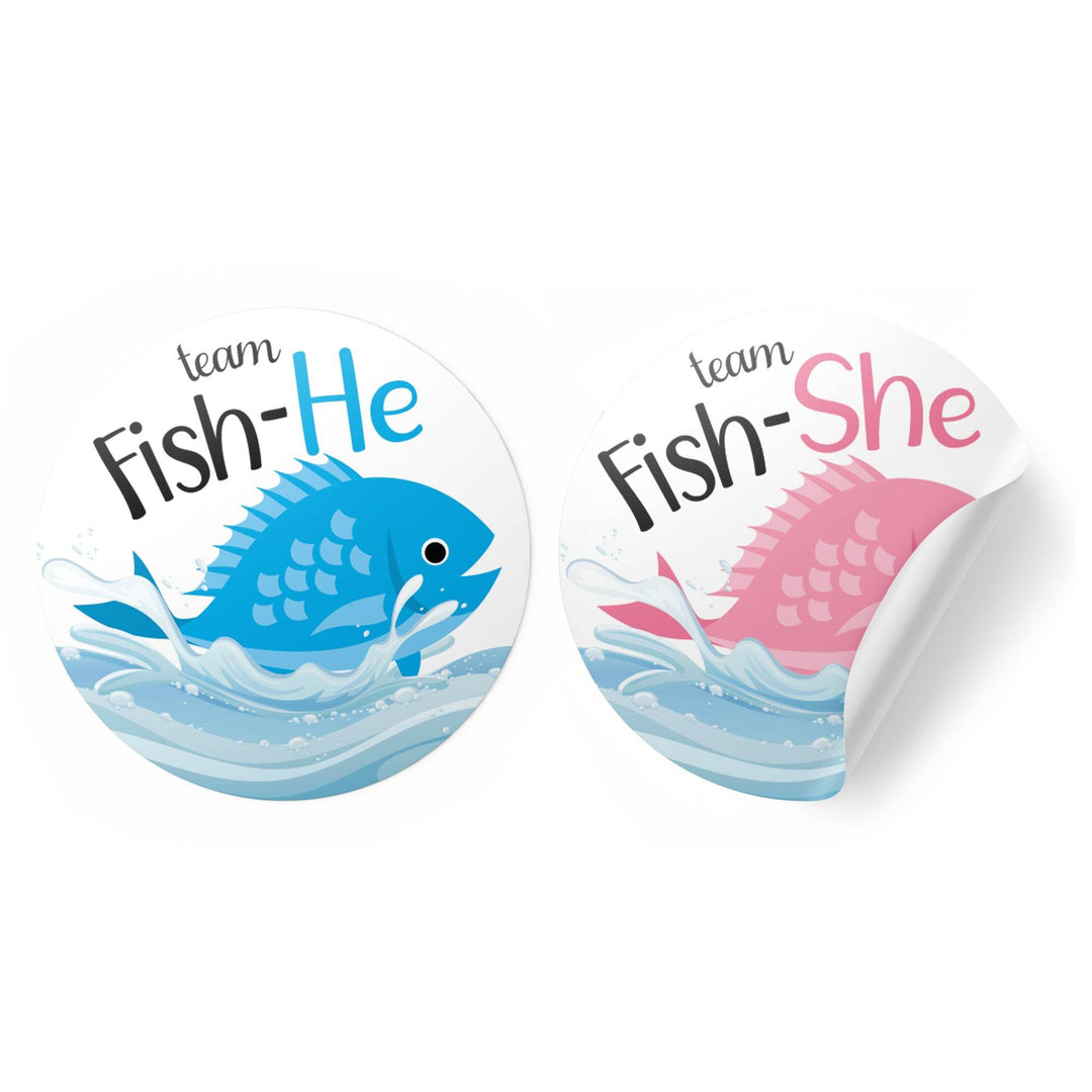 Fishing Baby Gender Reveal Party -Team Fish-He or Fish-She Stickers - 40 Stickers - Distinctivs Party