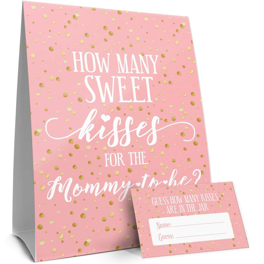 Gold Confetti: Pink How Many Kisses Baby Shower Game Sign + 30 Cards - Distinctivs Party