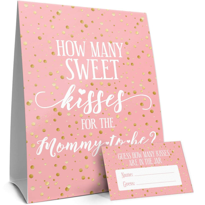 Gold Confetti: Pink How Many Kisses Baby Shower Game Sign + 30 Cards - Distinctivs Party