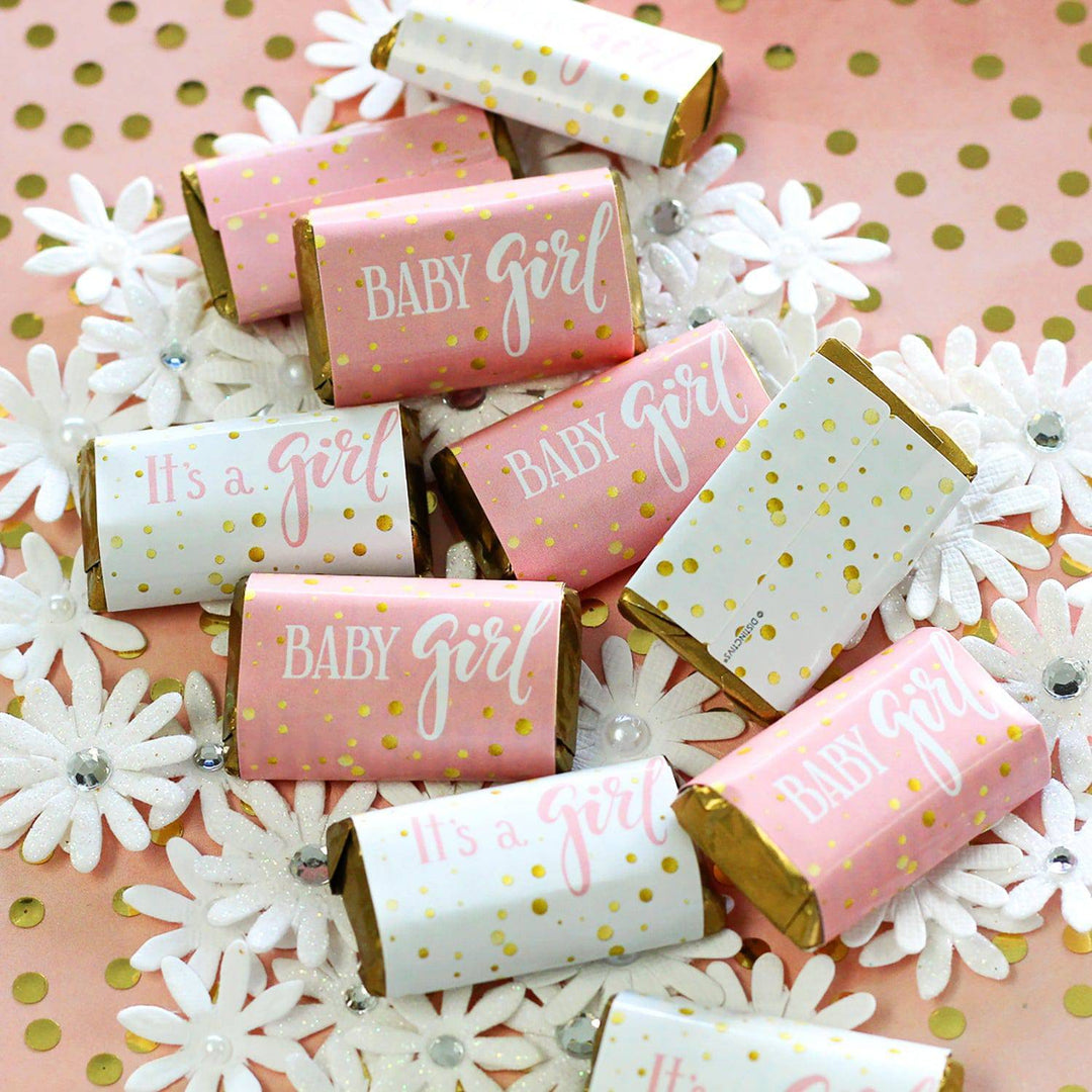 Gold Confetti: Pink - It's a Girl Baby Shower Mini Candy Bar Stickers - 45 Stickers - Distinctivs Party