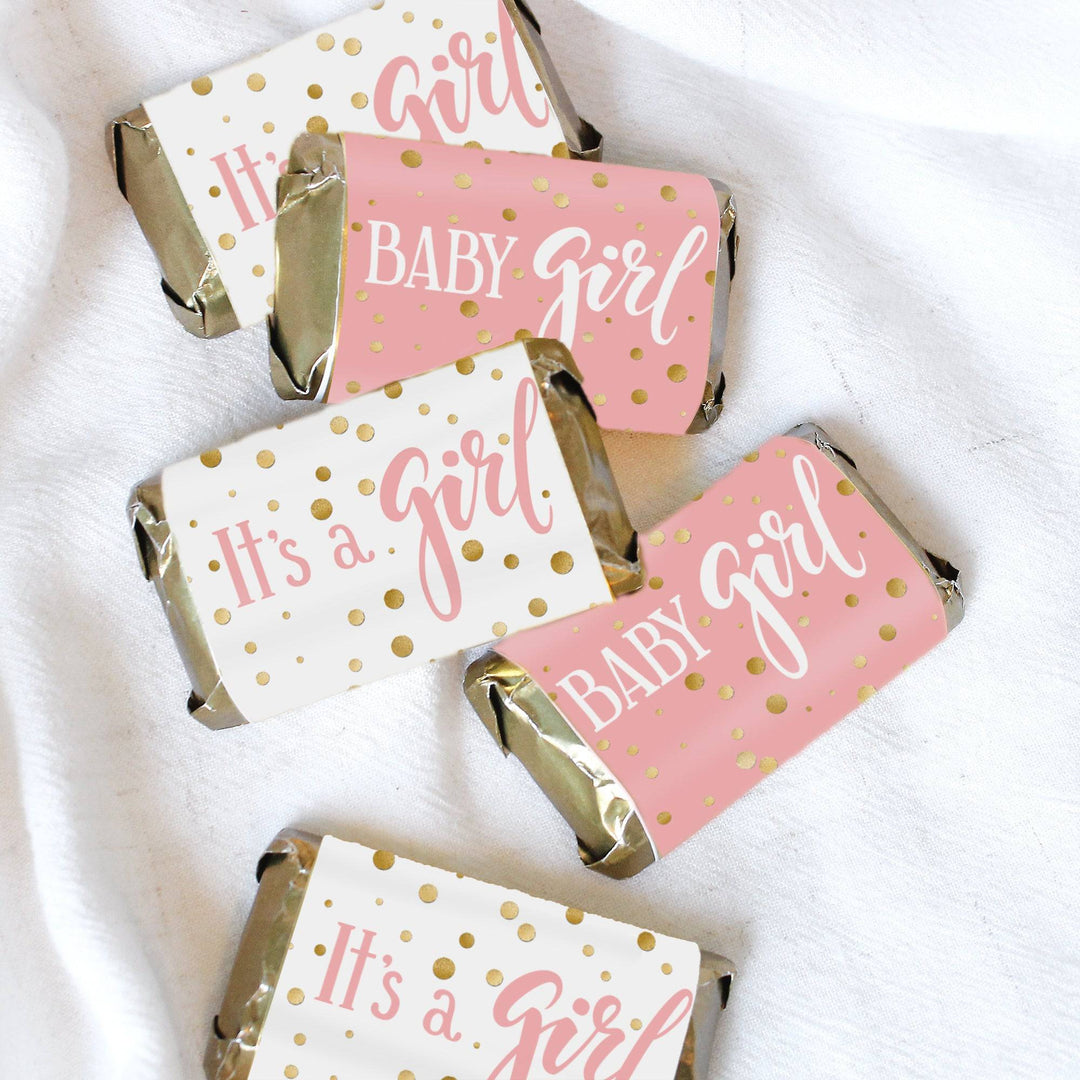 Gold Confetti: Pink - It's a Girl Baby Shower Mini Candy Bar Stickers - 45 Stickers - Distinctivs Party