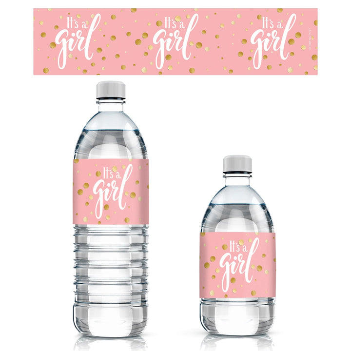 Gold Confetti: Pink -  It's a Girl Baby Shower Water Bottle Labels - 20 Stickers - Distinctivs Party