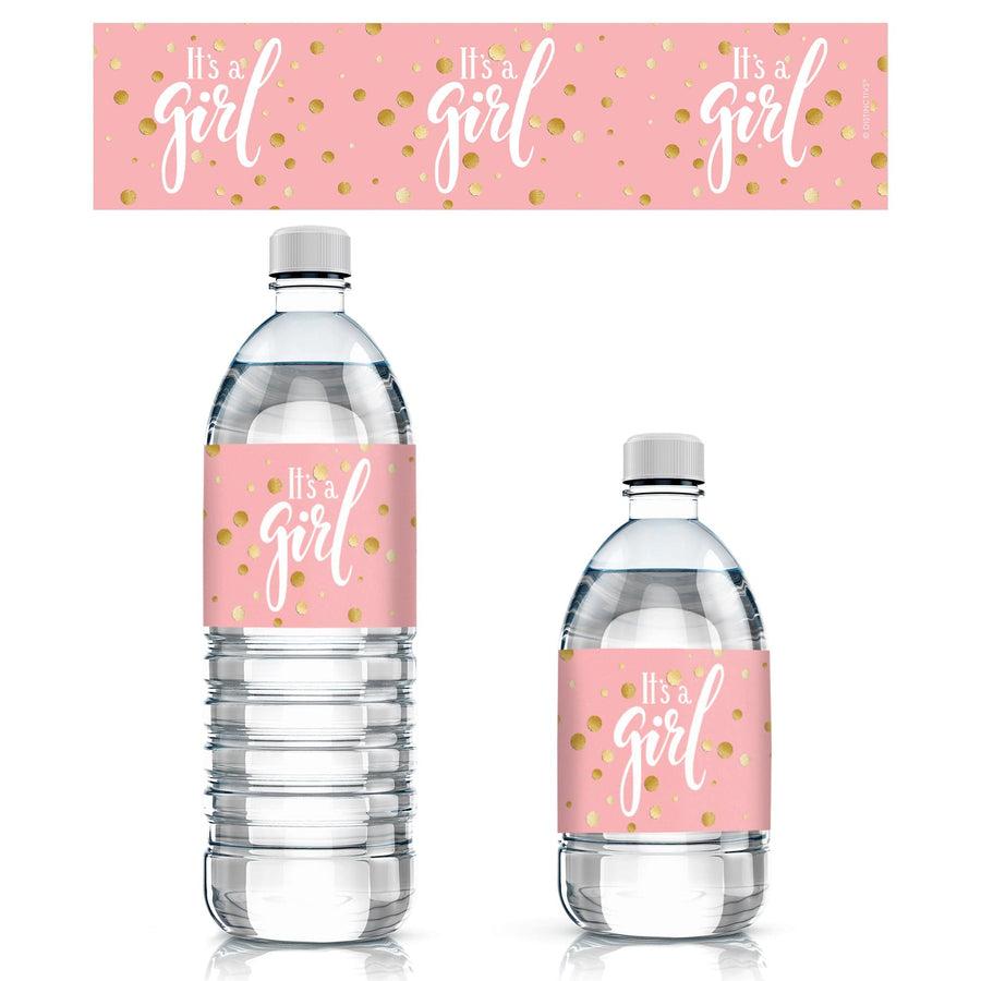 Gold Confetti: Pink -  It's a Girl Baby Shower Water Bottle Labels - 20 Stickers - Distinctivs Party