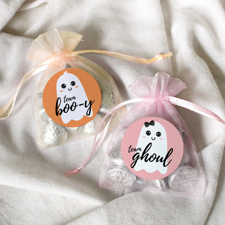 Halloween Gender Reveal Party: Little Boo - Fall Orange Team Boo-y or Pink Team Ghoul Voting Stickers - 40 Stickers - Distinctivs Party