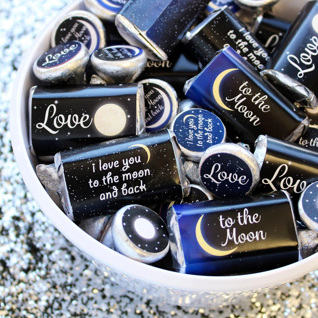 I Love You to the Moon and Back: Baby Shower, Bridal Shower, Wedding -  Mini Candy Bar Wrappers - 45 Stickers - Distinctivs Party
