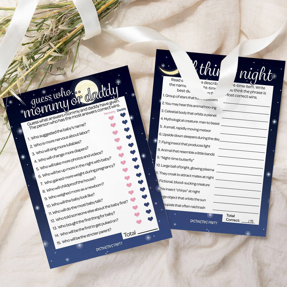 I Love You to the Moon and Back: Baby Shower Game - "Guess Who" Mommy or Daddy and All Things Night - Two Game Bundle - 20 Dual Sided Cards - Distinctivs Party