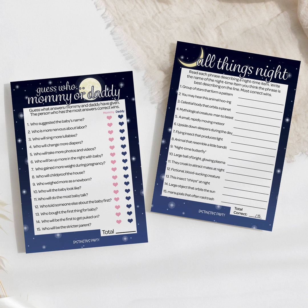 I Love You to the Moon and Back: Baby Shower Game - "Guess Who" Mommy or Daddy and All Things Night - Two Game Bundle - 20 Dual Sided Cards - Distinctivs Party