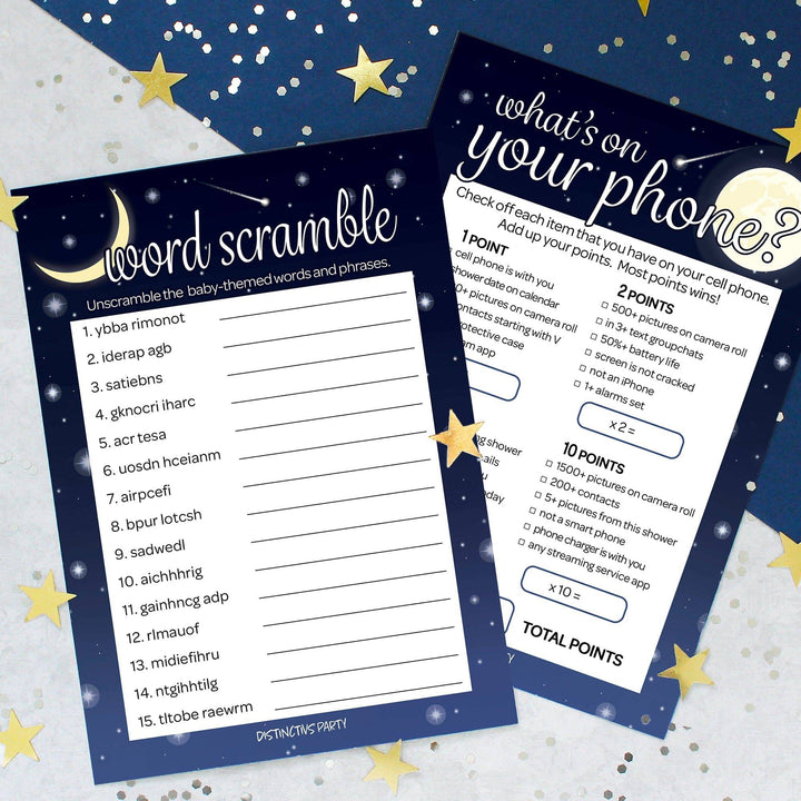 I Love You to the Moon and Back: Baby Shower Game - What's On Your Phone and Word Scramble - Two Game Bundle -  20 Dual Sided Cards - Distinctivs Party