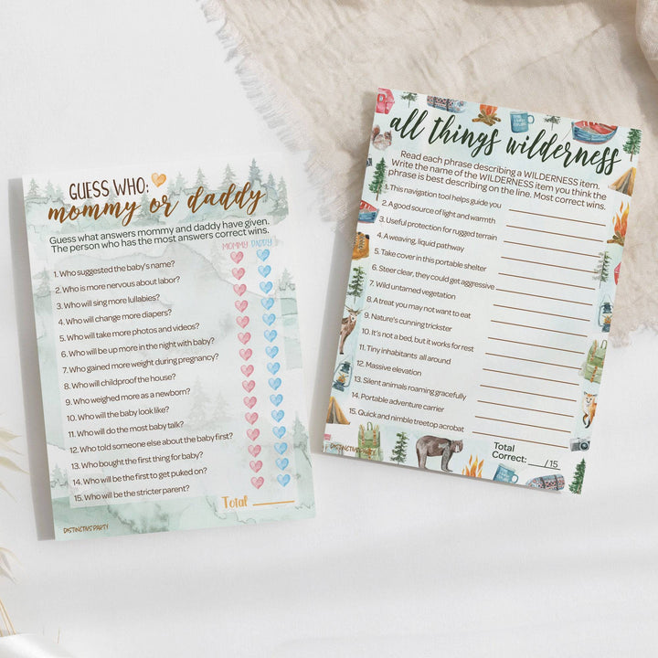 Little Adventurer: Baby Shower Game - "Guess Who" Mommy or Daddy and All Things Wilderness - Two Game Bundle - 20 Dual Sided Cards - Distinctivs Party