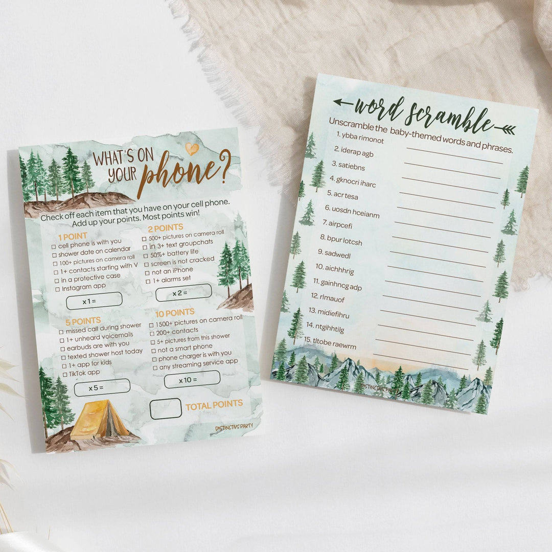 Little Adventurer: Baby Shower Game -What's On Your Phone and Word Scramble -Two Game Bundle - 20 Dual Sided Cards - Distinctivs Party