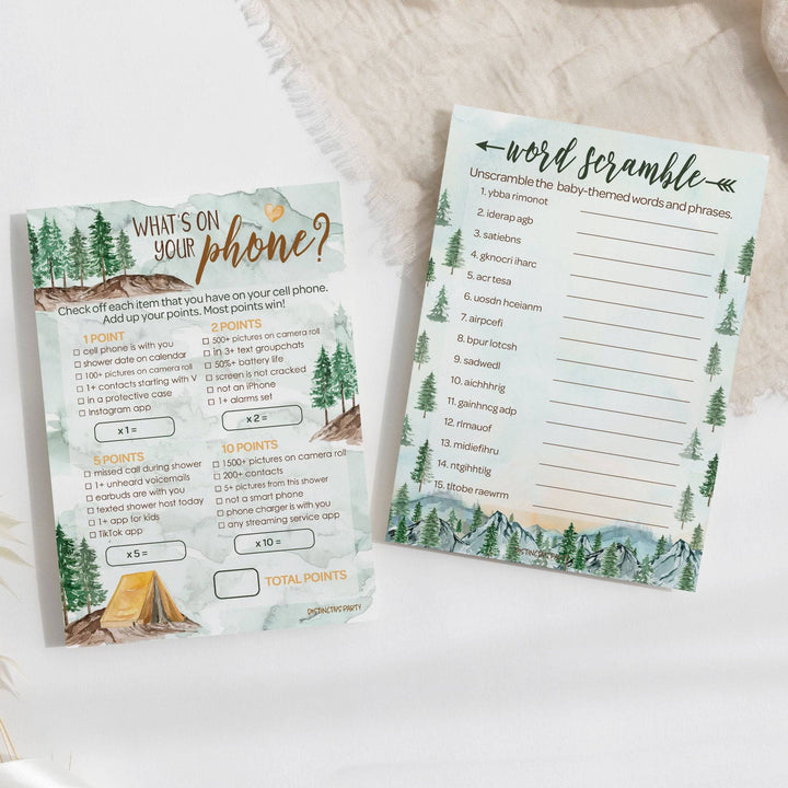 Little Adventurer: Baby Shower Game -What's On Your Phone and Word Scramble -Two Game Bundle - 20 Dual Sided Cards - Distinctivs Party