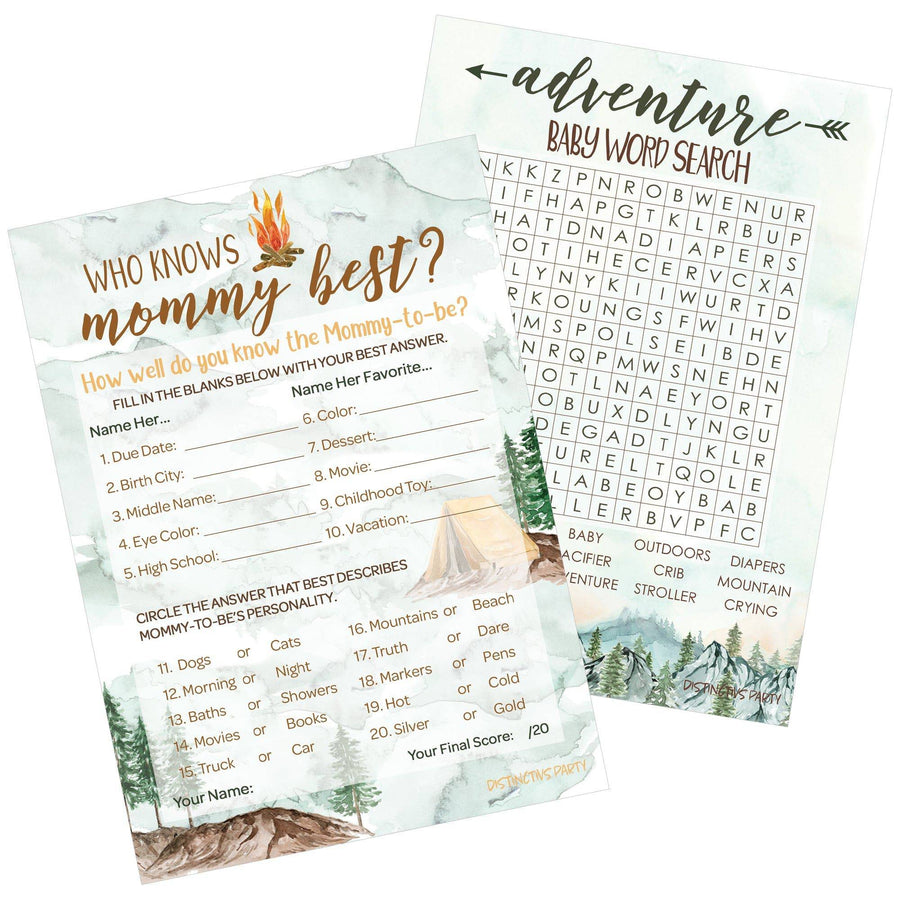 Little Adventurer: Baby Shower Game - Word Search and Who Knows Mommy Best - Two Game Bundle - 20 Dual Sided Cards - Distinctivs Party