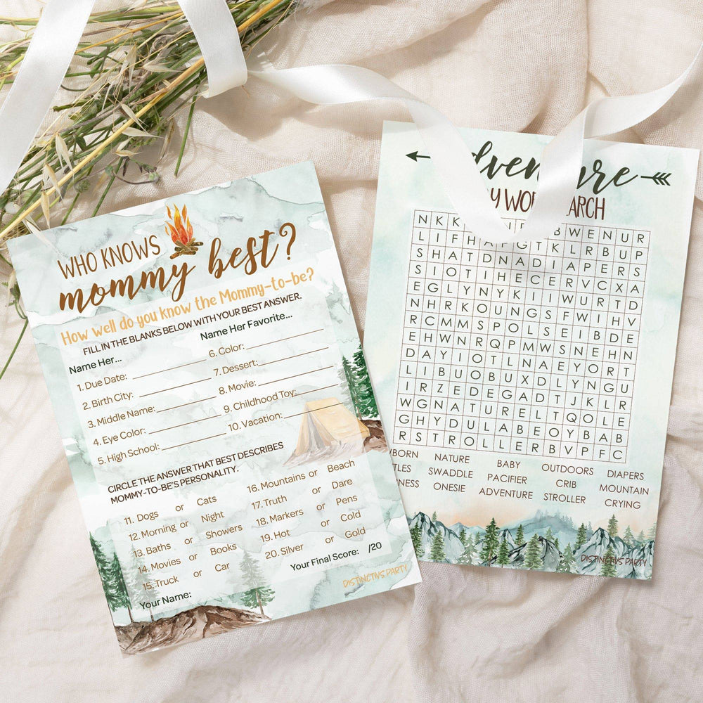 Little Adventurer: Baby Shower Game - Word Search and Who Knows Mommy Best - Two Game Bundle - 20 Dual Sided Cards - Distinctivs Party