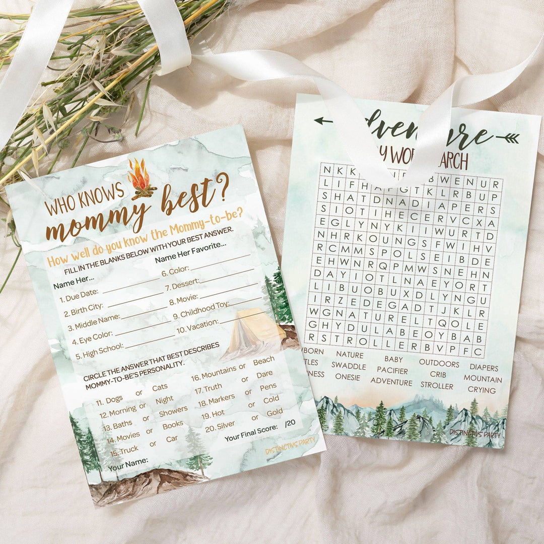 Little Adventurer: Baby Shower Game - Word Search and Who Knows Mommy Best - Two Game Bundle - 20 Dual Sided Cards - Distinctivs Party