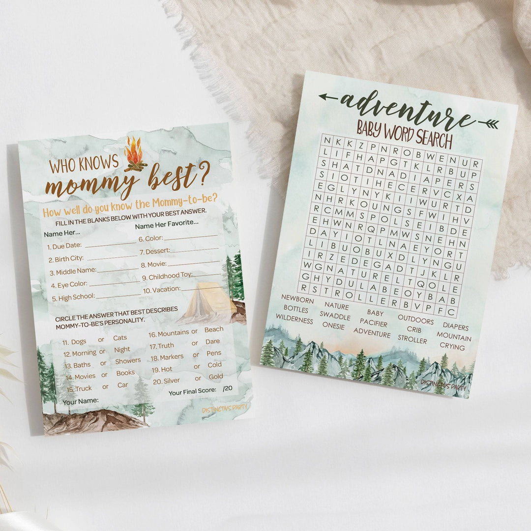 Little Adventurer: Baby Shower Game - Word Search and Who Knows Mommy Best - Two Game Bundle - 20 Dual Sided Cards - Distinctivs Party