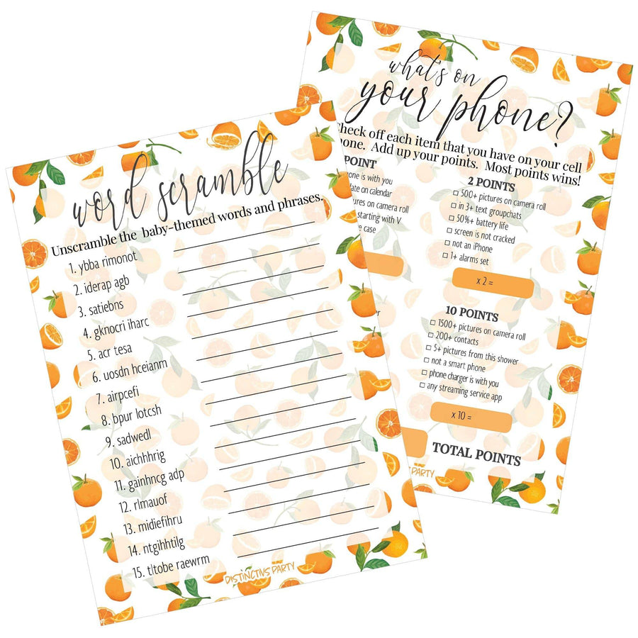 Little Cutie: Baby Shower Game - What's On Your Phone and Word Scramble - Two Game Bundle  - 20 Dual Sided Cards - Distinctivs Party