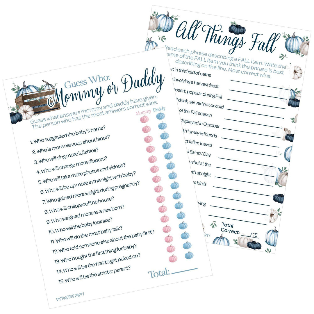 Little Pumpkin: Blue - Baby Shower Game Bundle - "Guess Who" Mommy or Daddy and All Things Fall - Boy -  2 Sided Game - 20 Cards - Distinctivs Party