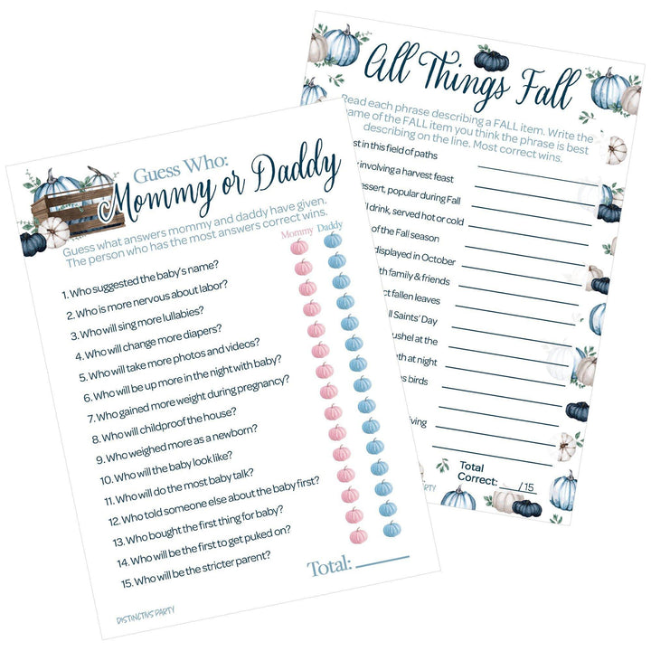 Little Pumpkin: Blue - Baby Shower Game Bundle - "Guess Who" Mommy or Daddy and All Things Fall - Boy -  2 Sided Game - 20 Cards - Distinctivs Party