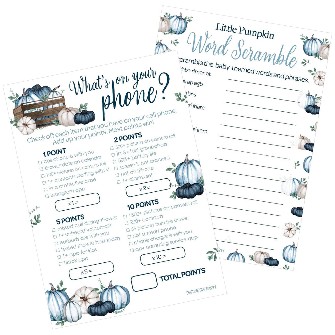 Little Pumpkin: Blue - Baby Shower Game Bundle - What's On Your Phone and Word Scramble - 2 Sided Game  - Fall, Boy - 20 Cards - Distinctivs Party