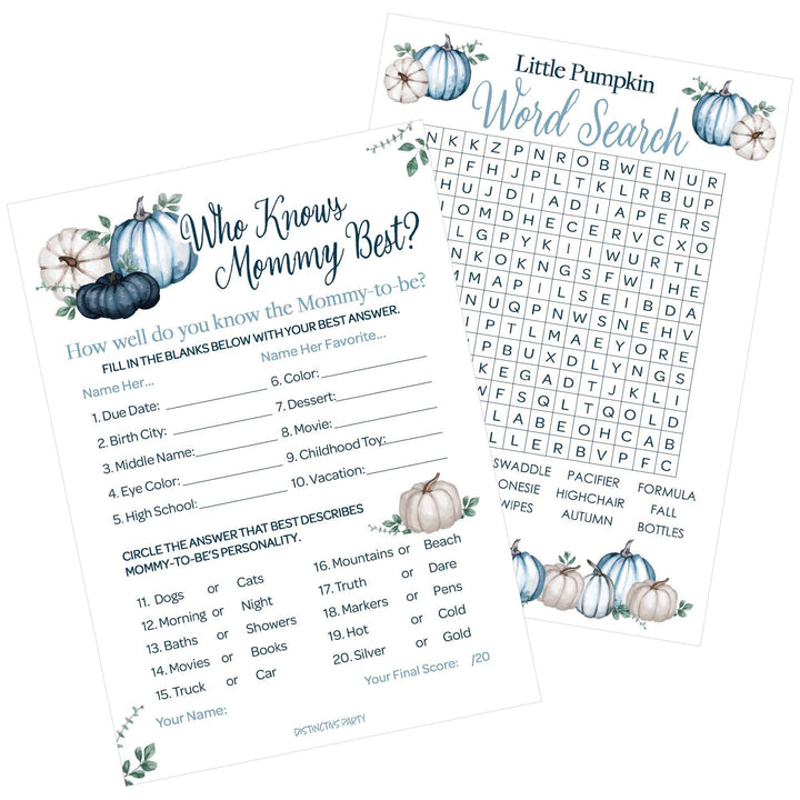 Little Pumpkin: Blue - Baby Shower Game Bundle - Word Search and Who Knows Mommy Best - 2 Sided Game  - Fall, Boy - 20 Cards - Distinctivs Party