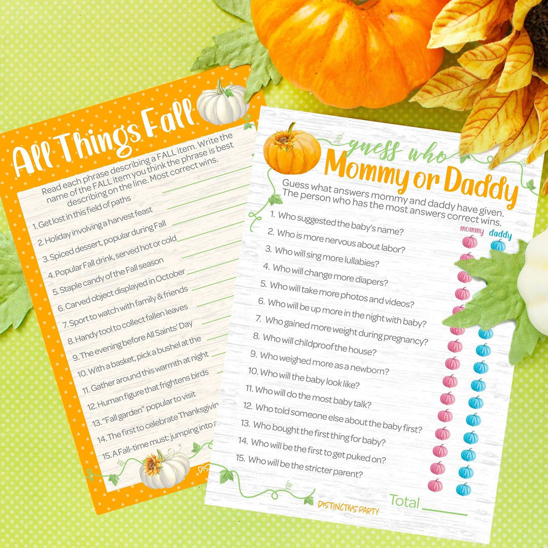 Little Pumpkin: Orange -  Baby Shower Game - "Guess Who" Mommy or Daddy and All things Fall Party Activity - Two Game Bundle - 20 Dual Sided Cards - Distinctivs Party