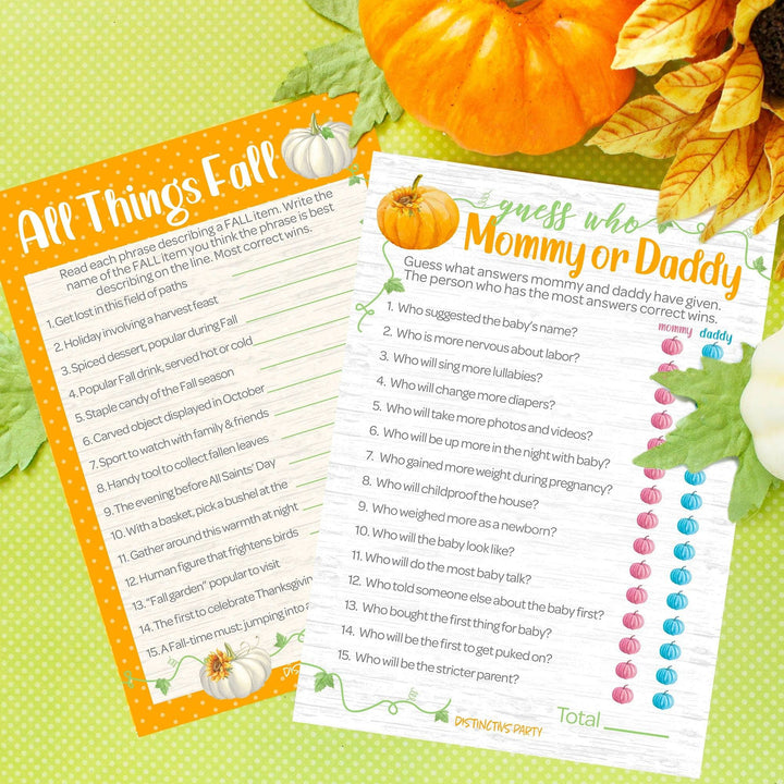 Little Pumpkin: Orange -  Baby Shower Game - "Guess Who" Mommy or Daddy and All things Fall Party Activity - Two Game Bundle - 20 Dual Sided Cards - Distinctivs Party