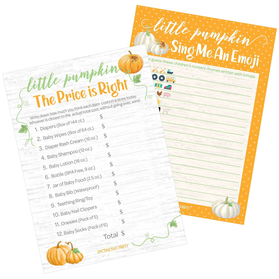 Little Pumpkin: Orange -  Baby Shower Game - Price is Right and Emoji Party Activity - Two Game Bundle - 20 Dual Sided Cards - Distinctivs Party