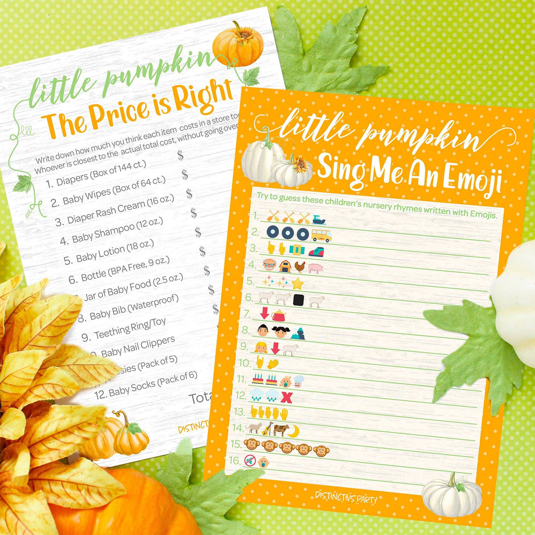 Little Pumpkin: Orange -  Baby Shower Game - Price is Right and Emoji Party Activity - Two Game Bundle - 20 Dual Sided Cards - Distinctivs Party