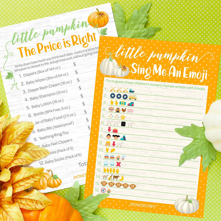Little Pumpkin: Orange -  Baby Shower Game - Price is Right and Emoji Party Activity - Two Game Bundle - 20 Dual Sided Cards - Distinctivs Party