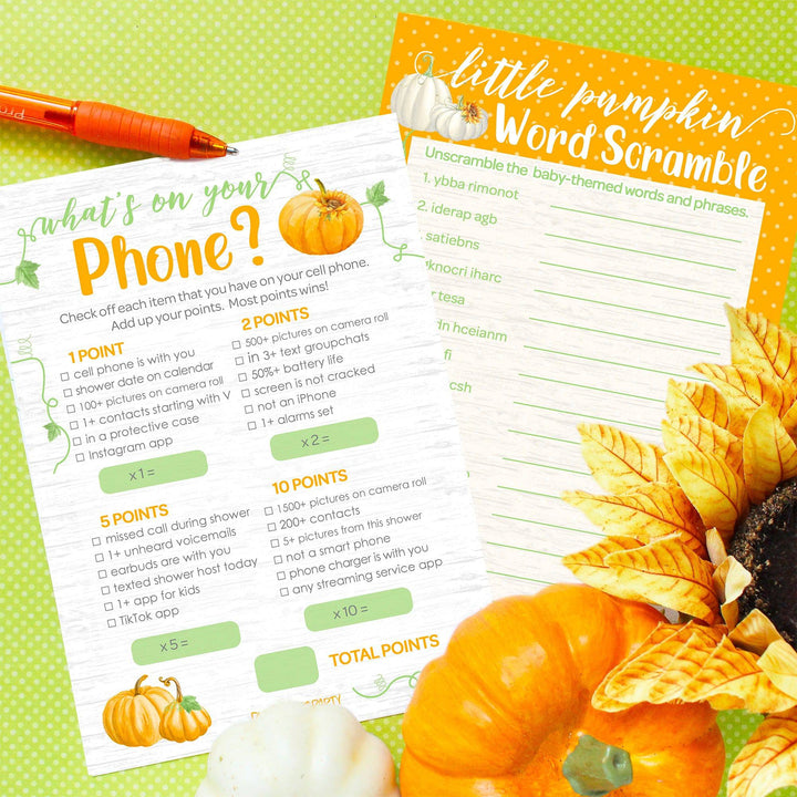 Little Pumpkin: Orange -  Baby Shower Game  - What's On Your Phone and Word Scramble - Two Game Bundle - 20 Dual Sided Cards - Distinctivs Party