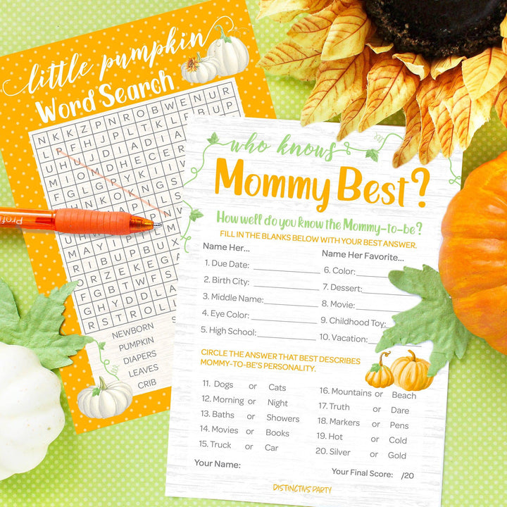 Little Pumpkin: Orange - Baby Shower Game - Word Search and Who Knows Mommy Best Party Activity - Two Game Bundle - 20 Dual Sided Cards - Distinctivs Party