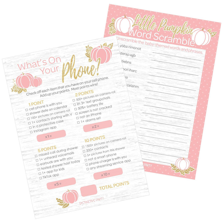 Little Pumpkin: Pink & Gold -  Baby Shower Game -  What's On Your Phone and Word Scramble Party Activity - Two Game Bundle -  Fall, Girl - 20 Dual Sided Cards - Distinctivs Party