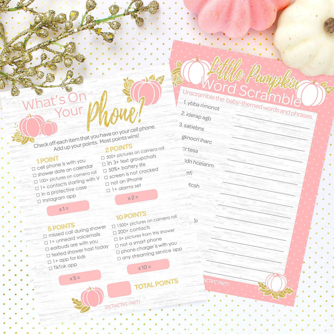 Little Pumpkin: Pink & Gold -  Baby Shower Game -  What's On Your Phone and Word Scramble Party Activity - Two Game Bundle -  Fall, Girl - 20 Dual Sided Cards - Distinctivs Party
