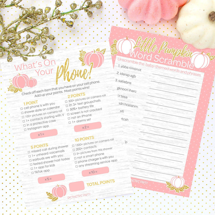 Little Pumpkin: Pink & Gold -  Baby Shower Game -  What's On Your Phone and Word Scramble Party Activity - Two Game Bundle -  Fall, Girl - 20 Dual Sided Cards - Distinctivs Party